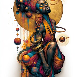 May include: A digital illustration of a person with dark skin wearing a vibrant orange and blue draped garment, gold arm bangles, and large circular earrings. The figure is surrounded by floating planets and a large golden sun-like disc.
