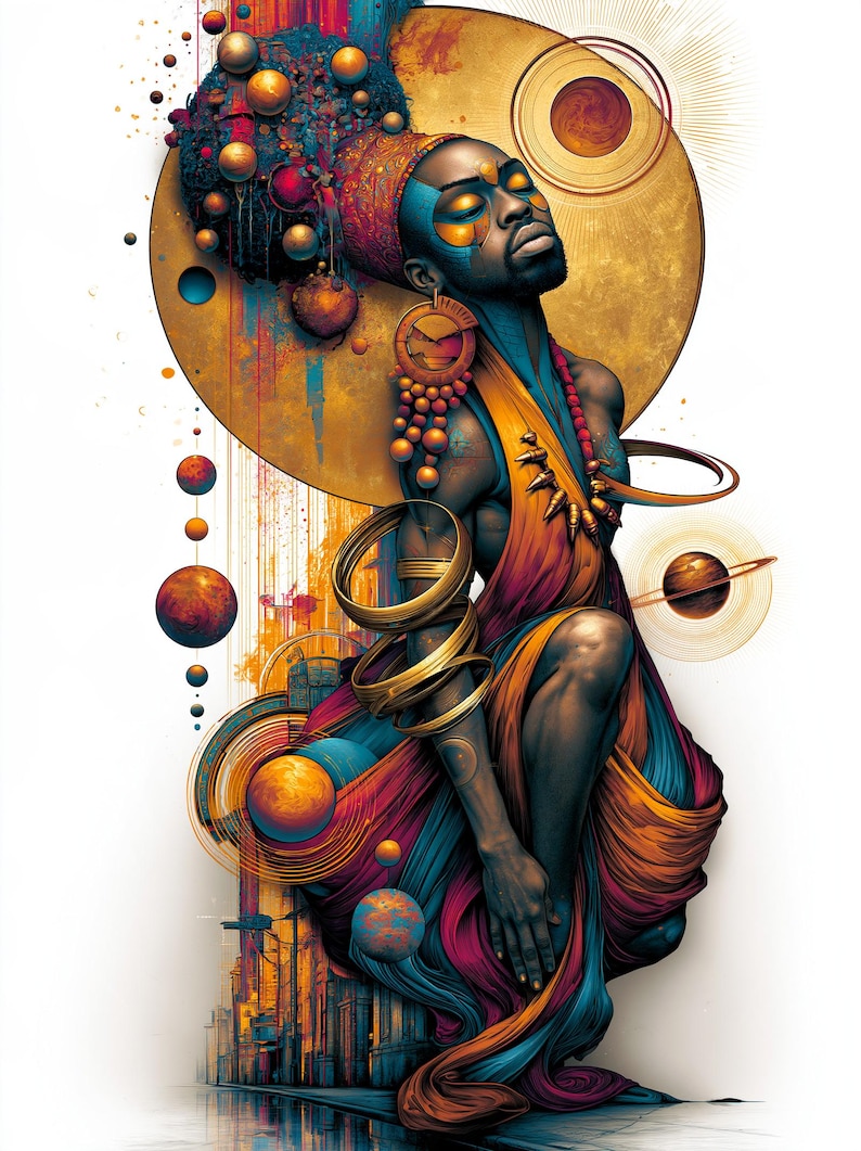 May include: A digital illustration of a person with dark skin wearing a vibrant orange and blue draped garment, gold arm bangles, and large circular earrings. The figure is surrounded by floating planets and a large golden sun-like disc.