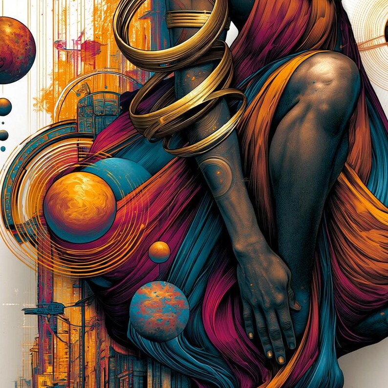 May include: A digital illustration featuring a figure draped in flowing fabric of deep blue, magenta, and orange. The figure wears stacked gold arm rings. The composition includes floating spherical planets and abstract circular line patterns.