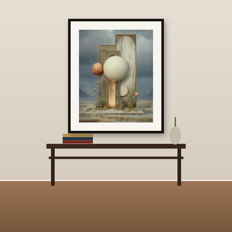 May include: A framed wall art print featuring a surreal landscape with tall, textured rectangular pillars, a large central white sphere, and smaller copper-colored orbs. The scene includes sparse desert vegetation under a cloudy, dark sky.