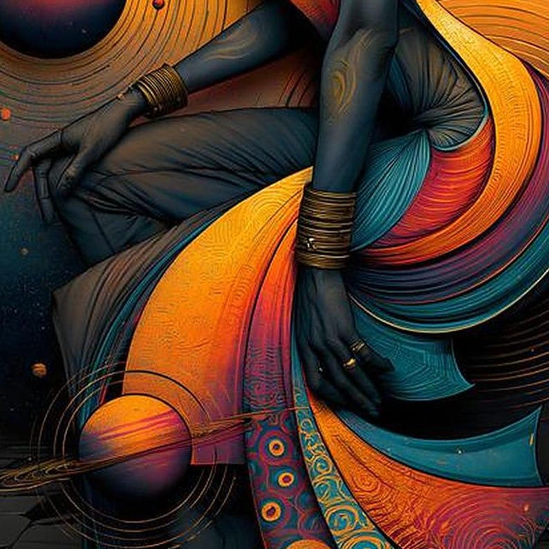 May include: A dark-skinned figure adorned with multiple gold-toned bangles on both wrists and rings on the fingers. The figure is draped in flowing fabric featuring vibrant swirls of orange, teal, and purple, set against a cosmic background.