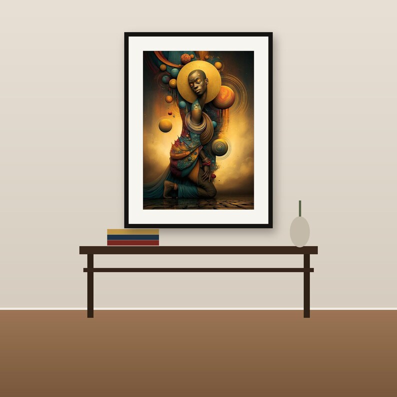 Op de afbeelding: Een ingelijste wandkunstprint met een knielende figuur versierd met gouden nekringen en een halo, omringd door zwevende bollen in tinten blauw, oranje en goud tegen een warme, wazige en getextureerde achtergrond.