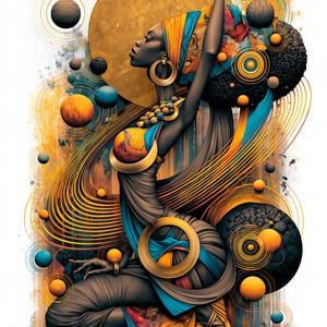 May include: A digital illustration of a person with dark skin wearing a headwrap and draped clothing in shades of blue, orange, and gold. The figure is surrounded by floating spheres and concentric circular lines against a white background.