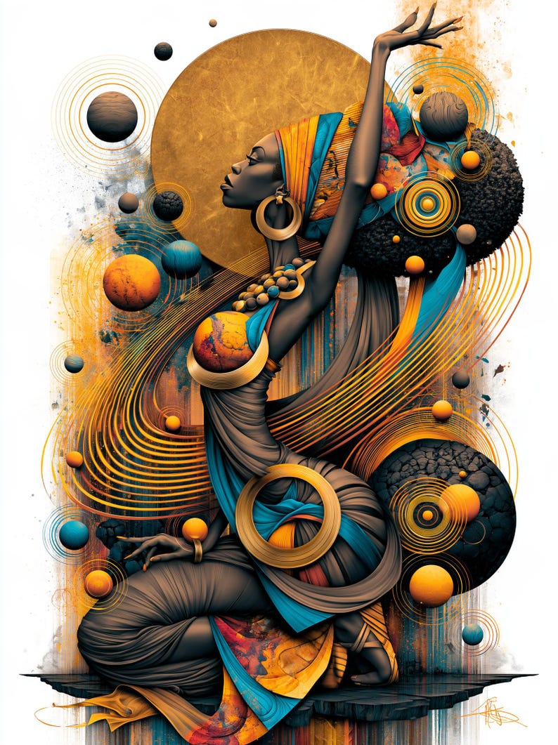 May include: A digital illustration of a person with dark skin wearing a headwrap and draped clothing in shades of blue, orange, and gold. The figure is surrounded by floating spheres and concentric circular lines against a white background.