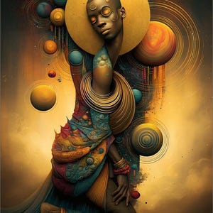 Op de afbeelding: Een digitale illustratie van een donkerhuidige figuur die knielt, versierd met grote gouden nekringen en een gouden halo. De figuur draagt gestructureerde, veelkleurige stof in tinten blauw, oranje en rood, omringd door zwevende bollen.
