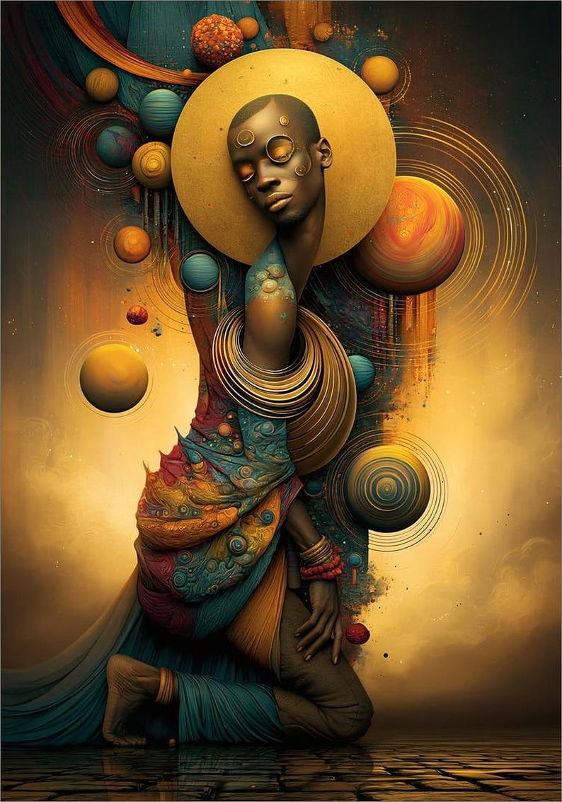 Op de afbeelding: Een digitale illustratie van een donkerhuidige figuur die knielt, versierd met grote gouden nekringen en een gouden halo. De figuur draagt gestructureerde, veelkleurige stof in tinten blauw, oranje en rood, omringd door zwevende bollen.