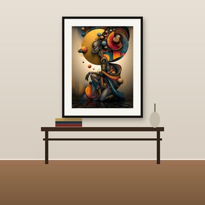 K&ouml;nnte beinhalten: Ein gerahmter Wandkunstdruck mit einer stilisierten Figur in kniender Haltung, umgeben von leuchtend orangefarbenen, blauen und gelben kreisf&ouml;rmigen Elementen und geometrischen Mustern. Das Kunstwerk zeigt eine dunkelh&auml;utige Figur mit goldenen Verzierungen.