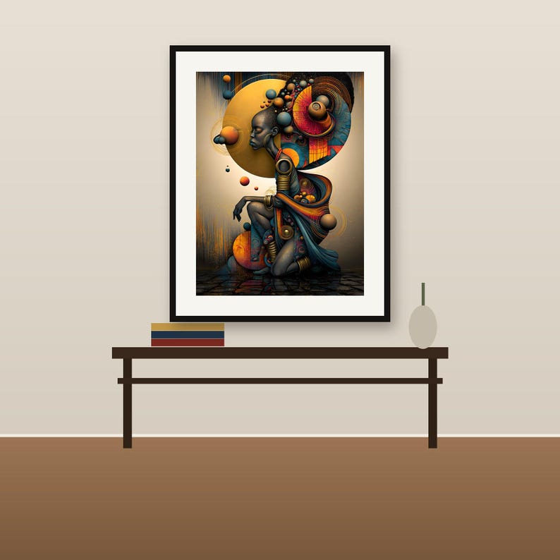 K&ouml;nnte beinhalten: Ein gerahmter Wandkunstdruck mit einer stilisierten Figur in kniender Haltung, umgeben von leuchtend orangefarbenen, blauen und gelben kreisf&ouml;rmigen Elementen und geometrischen Mustern. Das Kunstwerk zeigt eine dunkelh&auml;utige Figur mit goldenen Verzierungen.