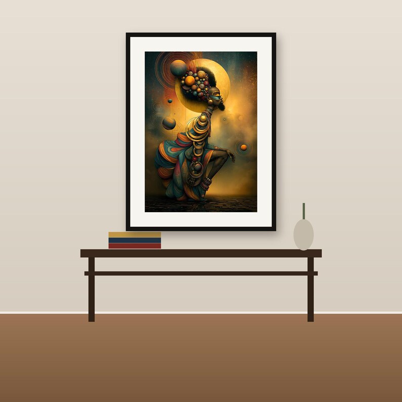 Peut inclure: Une impression d'art murale encadr&eacute;e repr&eacute;sentant une silhouette stylis&eacute;e orn&eacute;e de nombreuses sph&egrave;res et anneaux dor&eacute;s, sur un fond chaud et lumineux aux teintes orange, bleu et or, pr&eacute;sent&eacute;e dans un cadre noir simple.
