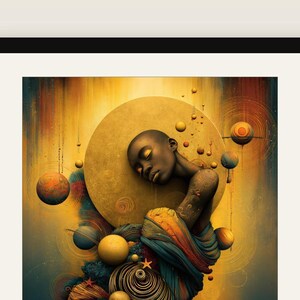 May include: A digital art print featuring a person with dark skin and a shaved head, eyes closed, positioned against a large gold circular background. The composition includes various floating spheres, planets, and star shapes in shades of gold, blue, and orange, with swirling lines and textured patterns throughout the artwork.