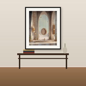 May include: A framed wall art print depicting a desert landscape viewed through stone arches. The scene features hanging circular structures, a central figure, and a circular floor pattern in shades of beige, gold, and soft brown.