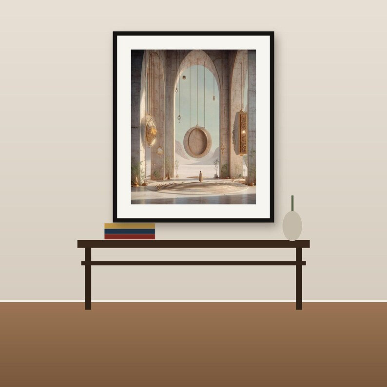 May include: A framed wall art print depicting a desert landscape viewed through stone arches. The scene features hanging circular structures, a central figure, and a circular floor pattern in shades of beige, gold, and soft brown.