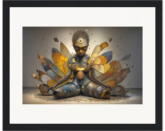 May include: A framed digital art print featuring a seated figure with a third eye on the forehead, surrounded by large, layered, metallic-toned petal shapes in shades of gold, bronze, and blue, set against a neutral background.