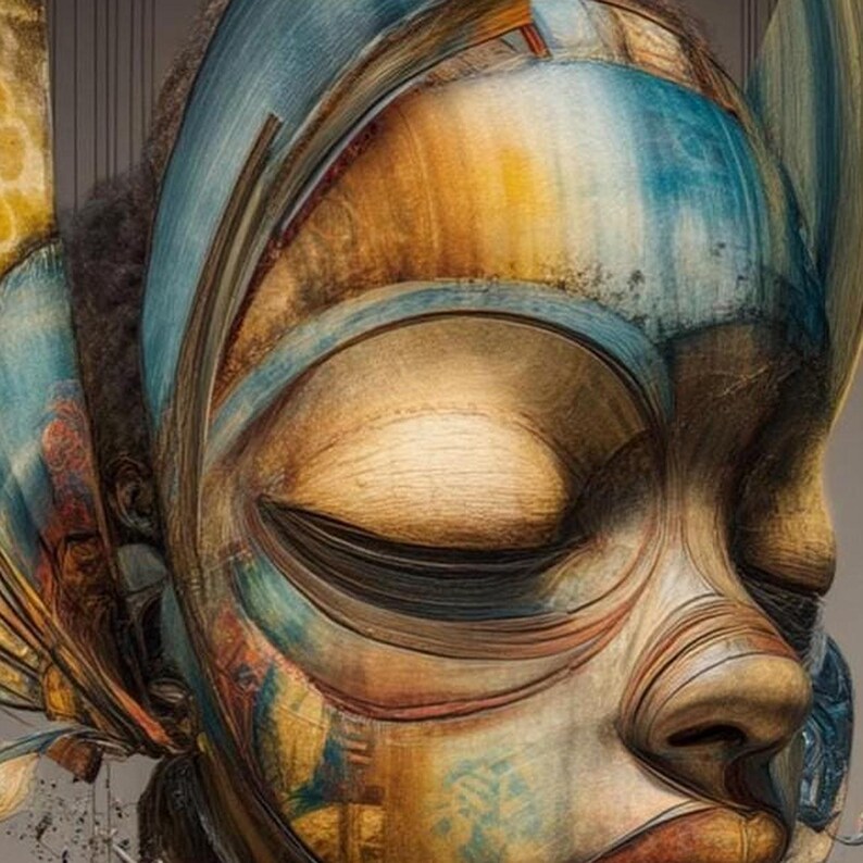 May include: A stylized mask sculpture featuring a human face with closed eyes, rendered in shades of gold, brown, and blue. The surface displays layered, sweeping brushstroke textures and curved lines that define the forehead, nose, and cheeks.