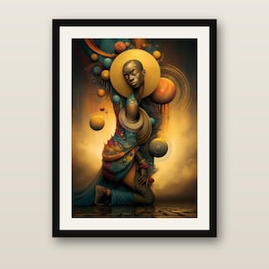 Op de afbeelding: Een ingelijste kunstdruk met een knielende figuur met een donkere huid, versierd met gelaagde gouden nekringen en kleurrijke stoffen met patronen. De compositie bevat een grote gouden halo en zwevende bollen in blauwe en oranje tinten.