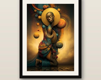 Muurdecoratie met de afbeelding van de Zwarte Koning, print van het Mansa Mali-rijk, Afro-Amerikaanse decoratie, ingelijst of oningelijst.