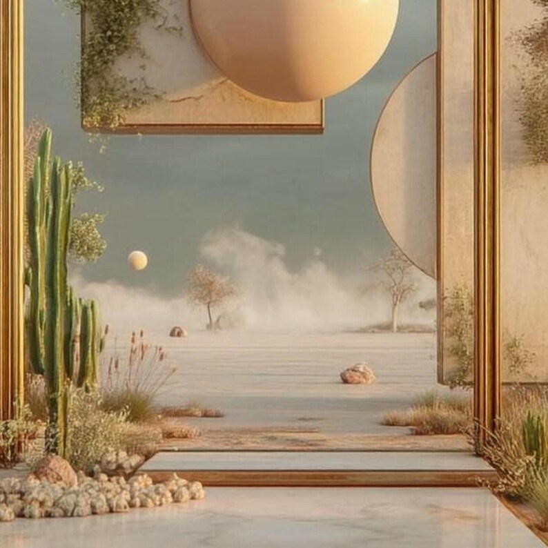 May include: A surreal landscape view framed by gold-toned rectangular and circular structures. A tall green cactus stands in the foreground near scattered rocks and desert grasses. The background features a hazy, misty horizon with sparse trees and a pale orb in the sky.