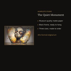 May include: A framed art print titled The Quiet Monument by AGAPELETE STUDIO. The artwork features a stylised, surreal portrait of a person with closed eyes, set against a large, wing-like background in shades of yellow, orange, and brown.