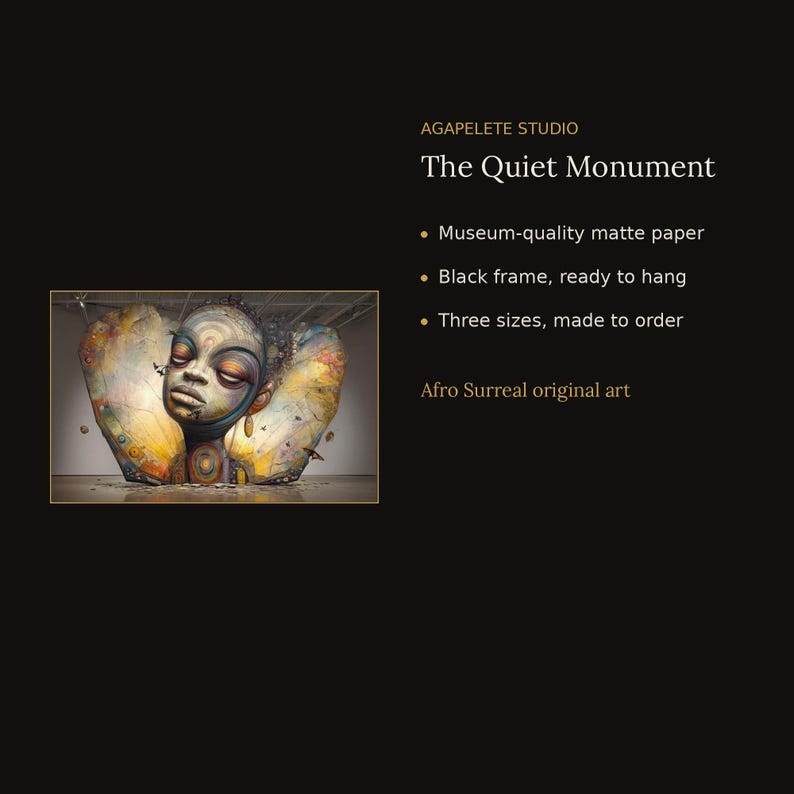 May include: A framed art print titled The Quiet Monument by AGAPELETE STUDIO. The artwork features a stylised, surreal portrait of a person with closed eyes, set against a large, wing-like background in shades of yellow, orange, and brown.