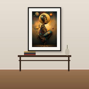 K&ouml;nnte beinhalten: Ein gerahmter Wandkunstdruck mit einer stilisierten Figur in hockender Pose, umgeben von schwebenden Kugeln und wirbelnden goldenen Ringen. Das Kunstwerk verwendet eine warme Farbpalette aus tiefen Orange-, Blau- und Braunt&ouml;nen.