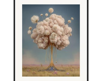 May include: A framed wall art print featuring a surreal tree with a dense, cloud-like pale pink canopy and thin, golden, wire-like branches extending from a blue base, set against a muted landscape under a soft, hazy sky.