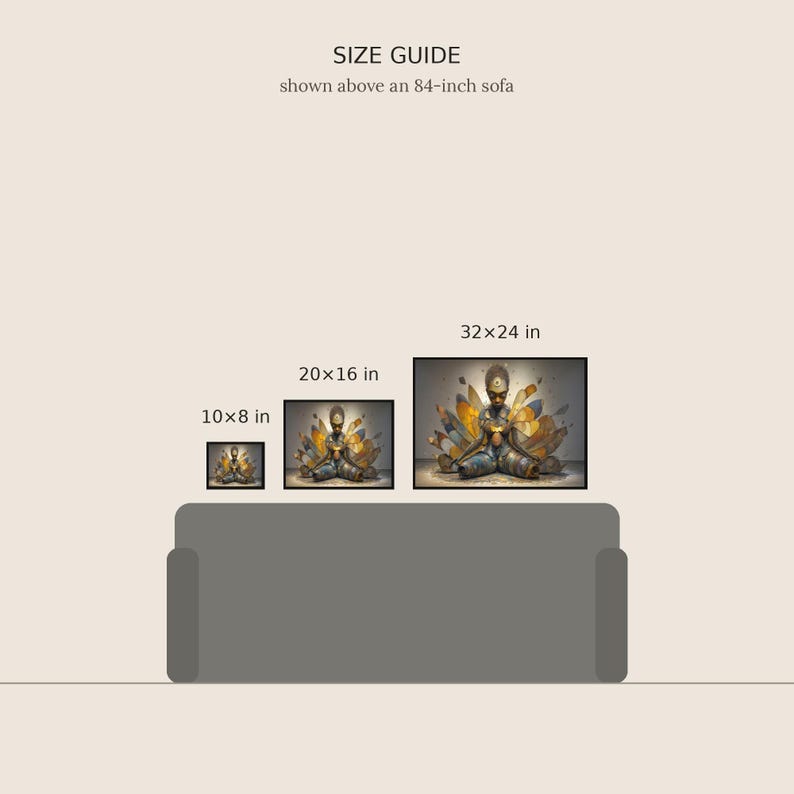 May include: A size guide graphic featuring three framed prints of a seated figure with golden wings, displayed above an 84-inch sofa. The prints are labeled with dimensions of 10x8 inches, 20x16 inches, and 32x24 inches for scale reference.
