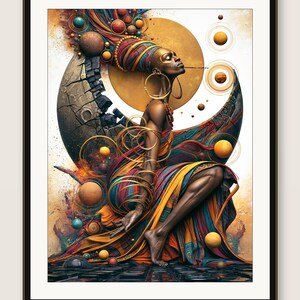 Pode incluir: Uma impress&atilde;o de arte digital emoldurada apresentando uma figura de pele escura adornada com tecidos de padr&otilde;es multicoloridos vibrantes e grandes argolas douradas, cercada por esferas celestiais, uma lua crescente e an&eacute;is dourados.