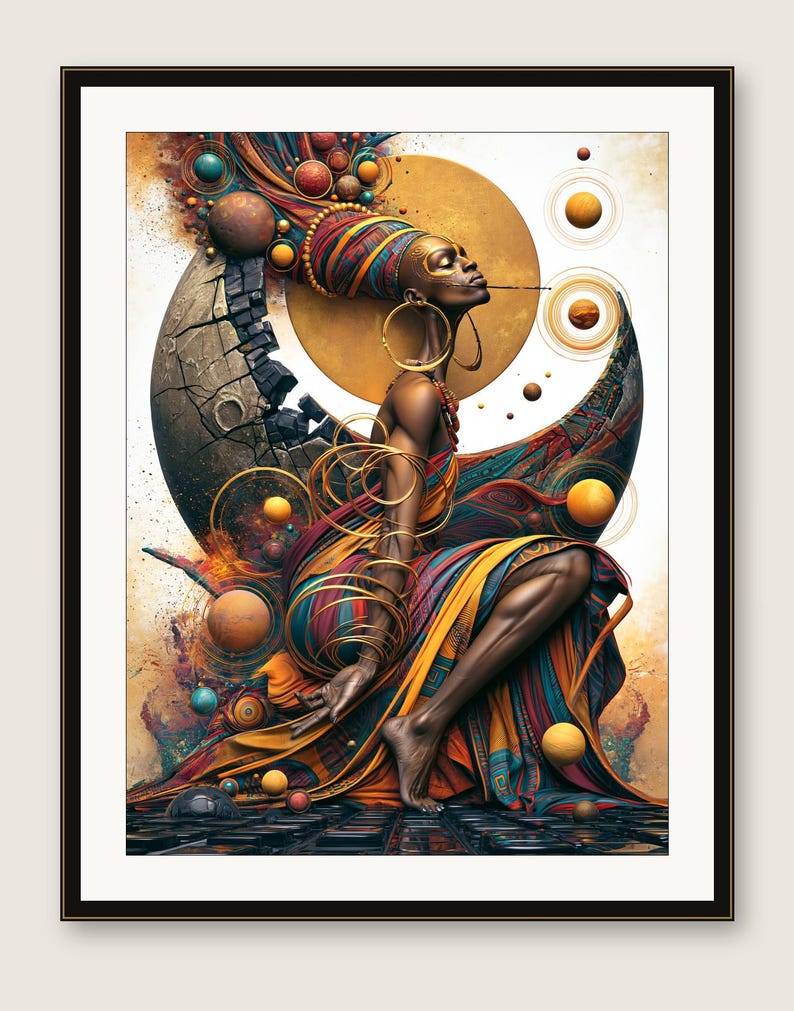 Pode incluir: Uma impress&atilde;o de arte digital emoldurada apresentando uma figura de pele escura adornada com tecidos de padr&otilde;es multicoloridos vibrantes e grandes argolas douradas, cercada por esferas celestiais, uma lua crescente e an&eacute;is dourados.