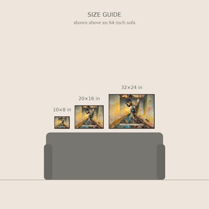 May include: A size guide graphic displaying three framed rectangular art prints above an 84-inch sofa. The prints are labelled 10x8 in, 20x16 in, and 32x24 in, each featuring an illustration of a figure with wings in yellow and blue tones.