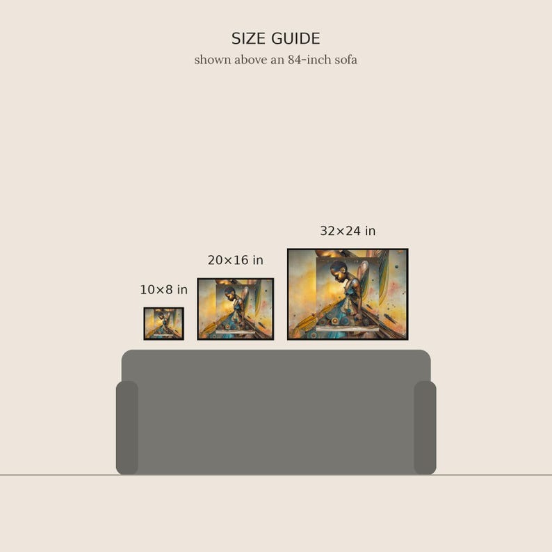May include: A size guide graphic displaying three framed rectangular art prints above an 84-inch sofa. The prints are labelled 10x8 in, 20x16 in, and 32x24 in, each featuring an illustration of a figure with wings in yellow and blue tones.