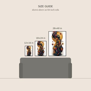 May include: A size guide graphic displaying three framed vertical art prints above an 84-inch sofa. The prints are labeled 12x16 in, 18x24 in, and 28x40 in, each featuring a colorful, abstract illustration of a figure surrounded by celestial spheres.