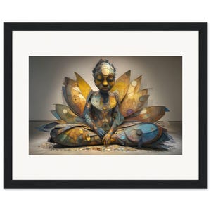 May include: A framed art print featuring a sculpture of a figure in a seated meditative pose, surrounded by large, layered, petal-like structures in shades of yellow, blue, and brown, with intricate circular patterns throughout the composition.