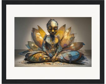 May include: A framed art print featuring a sculpture of a figure in a seated meditative pose, surrounded by large, layered, petal-like structures in shades of yellow, blue, and brown, with intricate circular patterns throughout the composition.