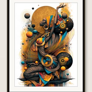 May include: A framed digital art print featuring a dark-skinned figure in a kneeling pose with one arm raised. The figure wears a headwrap and flowing garments in shades of blue, orange, and gold, surrounded by floating spheres and concentric circles.