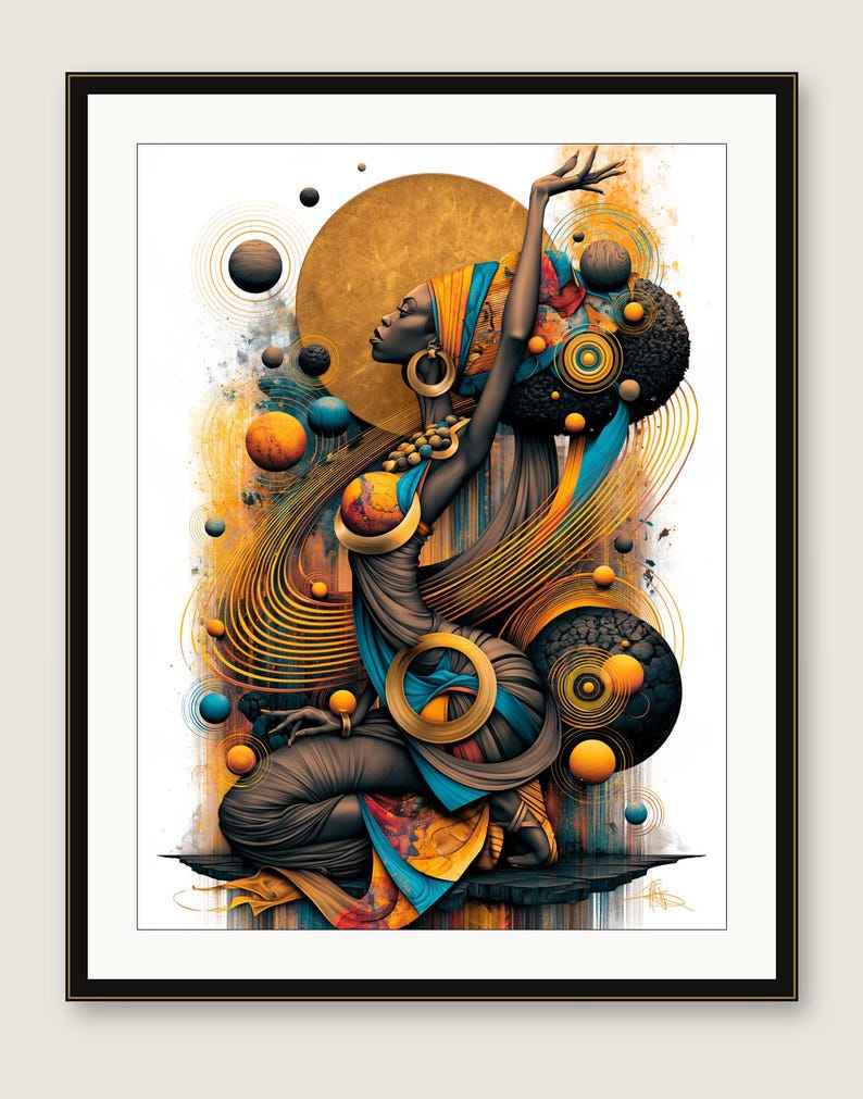 May include: A framed digital art print featuring a dark-skinned figure in a kneeling pose with one arm raised. The figure wears a headwrap and flowing garments in shades of blue, orange, and gold, surrounded by floating spheres and concentric circles.
