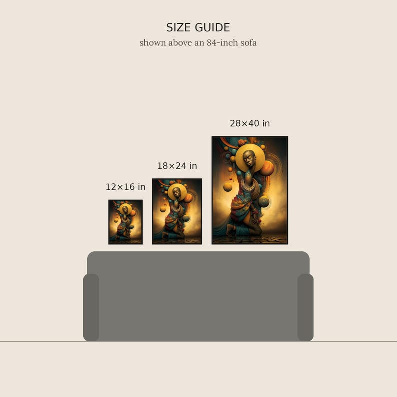 Op de afbeelding: Een maattabel met drie rechthoekige wandposters boven een bank van 84 inch. De prints zijn gelabeld met 12x16 in, 18x24 in en 28x40 in en tonen een figuur met een gouden halo omringd door zwevende bollen in warme tinten.