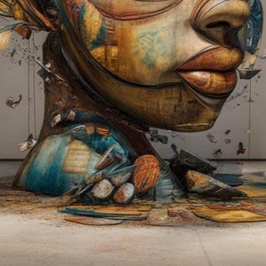 May include: A large-scale sculpture of a human face and neck, rendered in a weathered, textured style with deep brown, gold, and blue tones. The surface features layered, fragmented details, including abstract shapes and small, suspended elements.