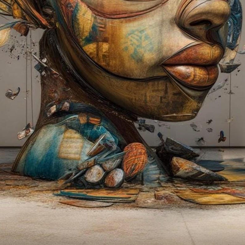 May include: A large-scale sculpture of a human face and neck, rendered in a weathered, textured style with deep brown, gold, and blue tones. The surface features layered, fragmented details, including abstract shapes and small, suspended elements.