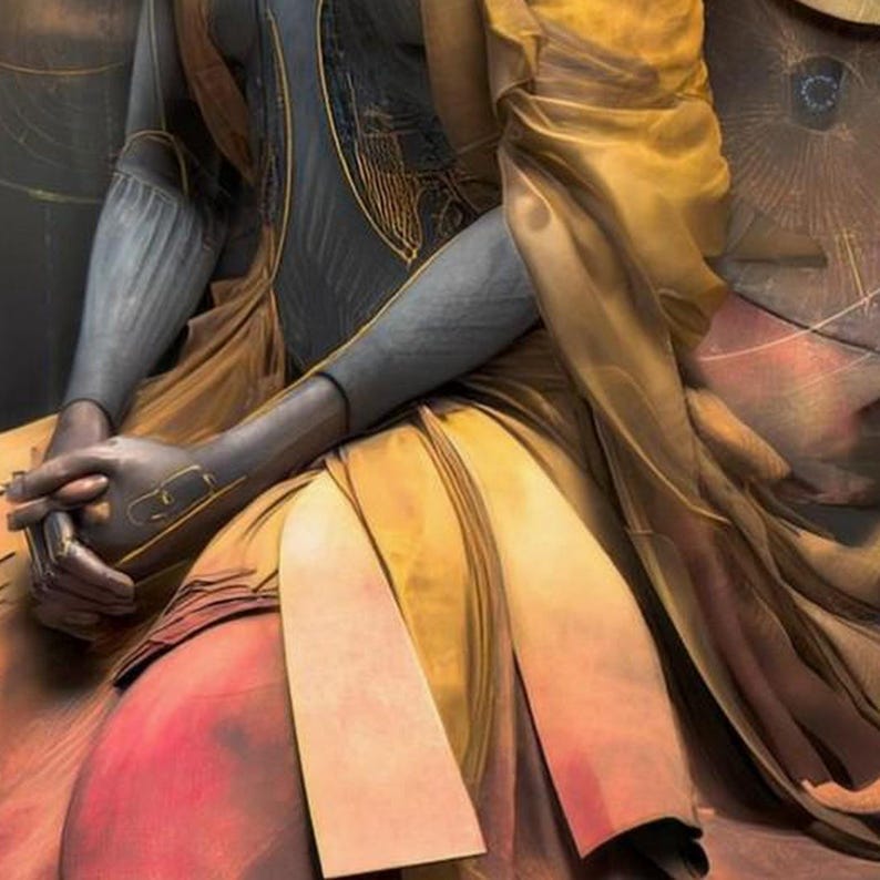 May include: A garment featuring a dark gray bodice with gold-toned linear embroidery, paired with flowing, layered fabric in shades of mustard yellow and muted red. The sleeves are fitted and dark gray, with the hands resting together at the center.