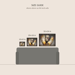 May include: A size guide graphic showing three framed rectangular prints above an 84-inch sofa. The prints feature a surreal portrait in yellow and brown tones. Labels indicate sizes of 10x8 inches, 20x16 inches, and 32x24 inches.