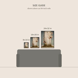 May include: A size guide graphic featuring three framed rectangular wall art prints in sizes 8x10 inches, 16x20 inches, and 24x32 inches, displayed above a gray 84-inch sofa. The artwork depicts a vertical floral arrangement.
