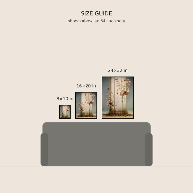 May include: A size guide graphic featuring three framed rectangular wall art prints in sizes 8x10 inches, 16x20 inches, and 24x32 inches, displayed above a gray 84-inch sofa. The artwork depicts a vertical floral arrangement.