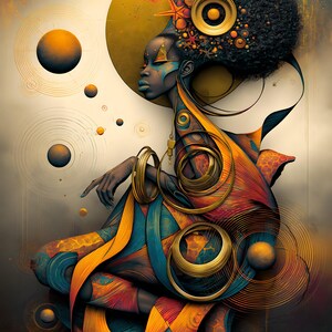May include: A digital illustration featuring a dark-skinned figure with a large afro adorned with starfish and circular gold accents. The figure wears layered, flowing garments in shades of blue, orange, and gold, surrounded by floating planetary spheres.