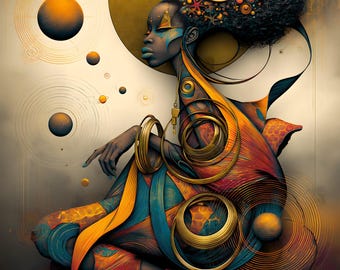 May include: A digital illustration featuring a dark-skinned figure with a large afro adorned with starfish and circular gold accents. The figure wears layered, flowing garments in shades of blue, orange, and gold, surrounded by floating planetary spheres.