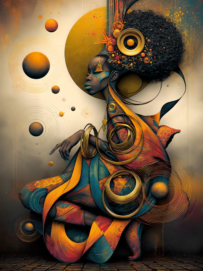 May include: A digital illustration featuring a dark-skinned figure with a large afro adorned with starfish and circular gold accents. The figure wears layered, flowing garments in shades of blue, orange, and gold, surrounded by floating planetary spheres.
