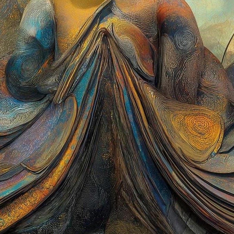 Pode incluir: Uma composi&ccedil;&atilde;o abstrata com estruturas em camadas em forma de leque e texturas intrincadas de redemoinhos semelhantes a impress&otilde;es digitais. A paleta de cores inclui azuis profundos, laranjas queimados, amarelos dourados e tons de carv&atilde;o.