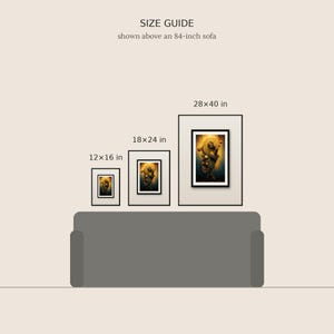 May include: A size guide graphic showing three framed art prints above an 84-inch sofa. The prints are labeled with dimensions of 12x16 in, 18x24 in, and 28x40 in. The artwork features a circular golden sun-like motif on a dark background.