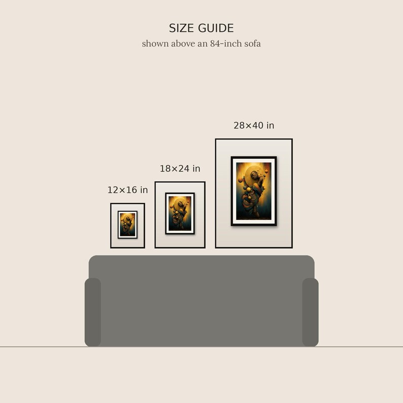 May include: A size guide graphic showing three framed art prints above an 84-inch sofa. The prints are labeled with dimensions of 12x16 in, 18x24 in, and 28x40 in. The artwork features a circular golden sun-like motif on a dark background.