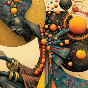 Op de afbeelding: Een digitale illustratie van een persoon met een donkere huid en baard, met een hoofddeksel met patroon, gouden armbanden en een kralenketting. De compositie bevat abstracte geometrische vormen, levendige oranje bollen en wervelende lijnen.