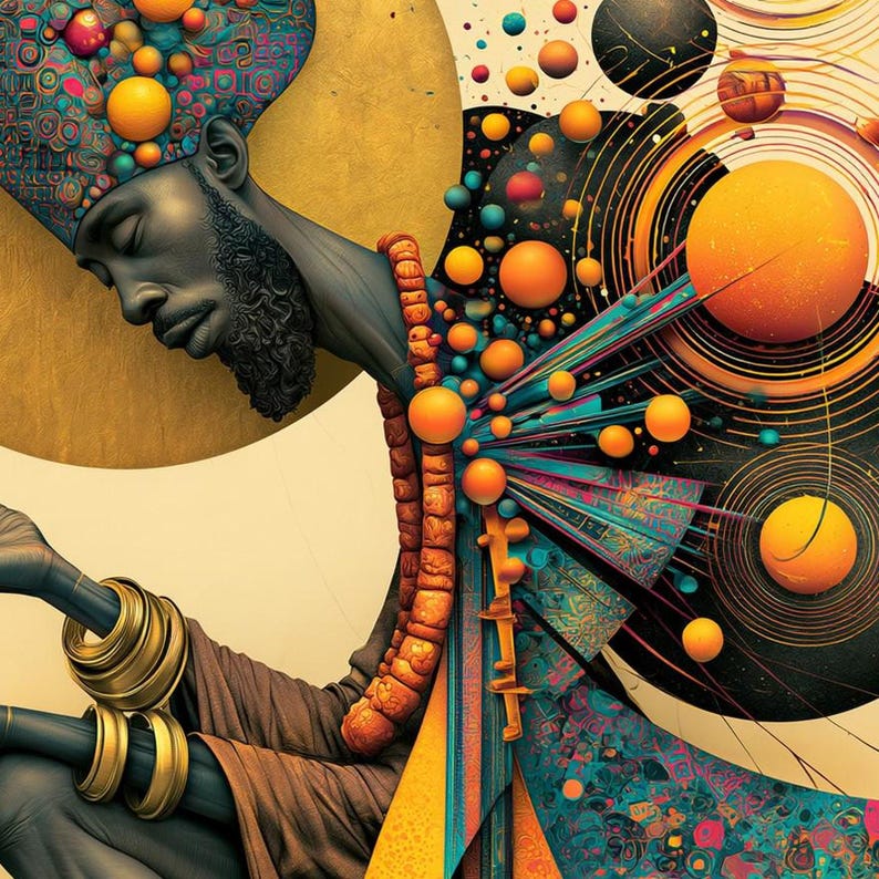 Op de afbeelding: Een digitale illustratie van een persoon met een donkere huid en baard, met een hoofddeksel met patroon, gouden armbanden en een kralenketting. De compositie bevat abstracte geometrische vormen, levendige oranje bollen en wervelende lijnen.